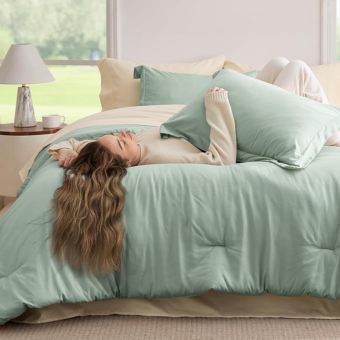 Bedsure Queen Comforter Set - 7 Pieces Sage Green Queen Bedding Set for All Seasons, Boho Contrasting Design Bed in a Bag with Comforter, Sheets, Pillowcases & Shams