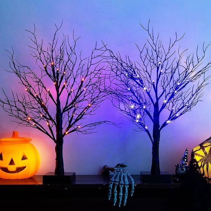 PEIDUO Halloween Decorations Indoor, Black Halloween Tree with 24 Dual-Color Orange & Purple Lights, Light Up Halloween Trees with Timer for Indoor Home Tabletop Desk Decor (2PK)