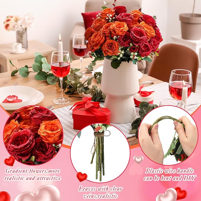 Geosar 8 Bundles Artificial Peonies Flowers Fake Silk Peony Bouquet Faux Peonies Flowers Bulk for Decoration Vase Florals Arrangements Wedding Party Table (Orange,Deep Red)