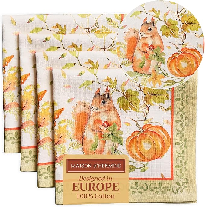Maison d' Hermine Cloth Napkins Set of 4 100% Cotton Everyday Reusable Square Napkins Cloth Washable, Dinner, Party, Wedding, Restaurant (Pumpkin Passion, 20" x 20")