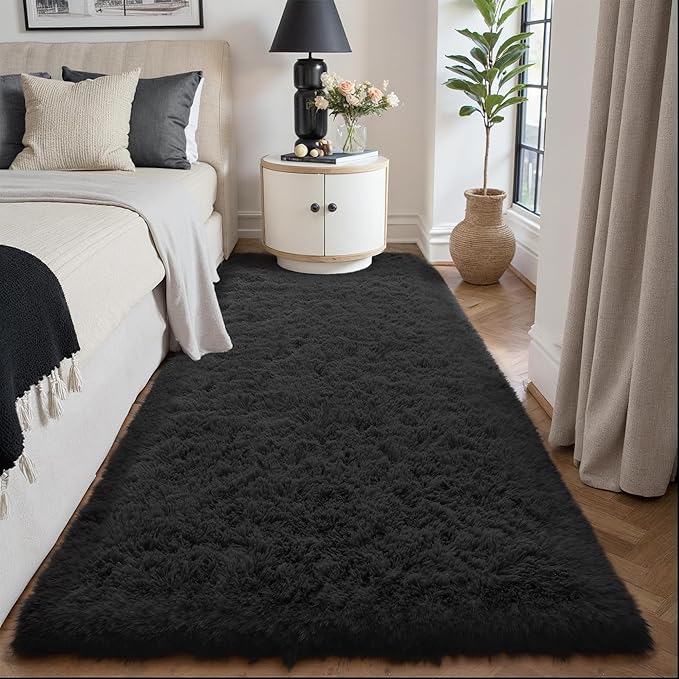 2x6 Area Rug for Bedroom, Modern Black Super Shag Shaggy Soft Runner Carpet Washable Fluffy Rugs for Living Room Bedside Sofa Home Dorm Decor Aesthetic