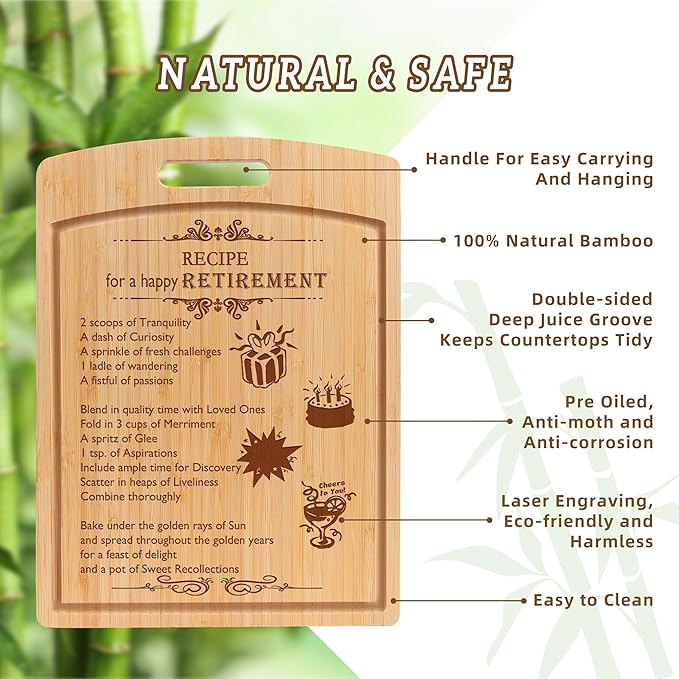 Joeyan Happy Retirement Cutting Board Gifts for Women Men Parents Friends Colleagues in Gift Box with Double Sides Grooves, Large Practical Sturdy Kitchen Chopping Present