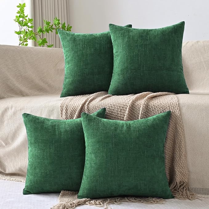 Set of 4 Soft Textured Decorative Throw Pillow Covers 18x18 Inch Cozy Farmhouse Cushion Cover Square Accent Pillow Cases for Bed Couch Sofa Living Room, Dark Green