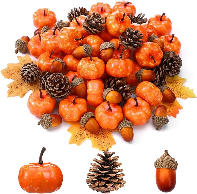Yookeer 120pcs Mini Pumpkins Acorns Pine Cones Fall Decoration Thanksgiving Artificial Small Pumpkins Fake Props Bulk Rustic Vase Filler for Autumn Harvest DIY Craft Table Centerpiece (Classic Color)
