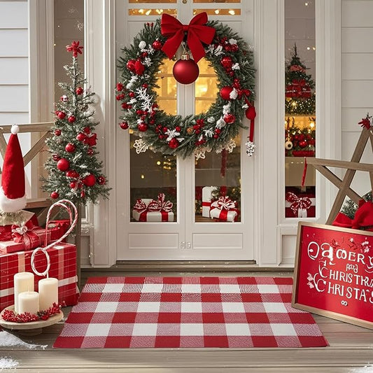 SEEKSEE Cotton Buffalo Plaid Rug 27.5"x43" Red and White Checked Rug Washable Doormats Indoor Outdoor Rugs for Layered Front Door Mats, Porch, Kitchen, Farmhouse, Entryway