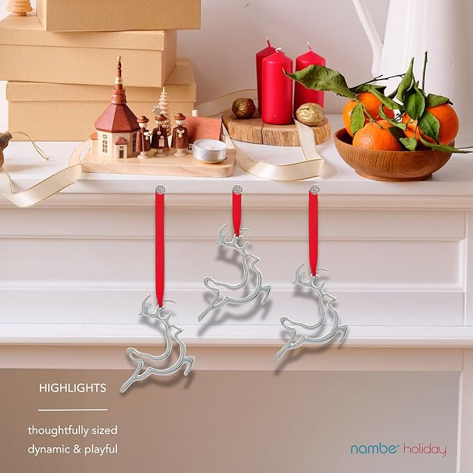 Nambe Mini Reindeer Christmas Ornaments (Set of 3), Silver-Plated Deer in Mid-Leap with Red Hanging Ribbons, Elegant Holiday Decorations for Christmas Trees, and Keepsakes