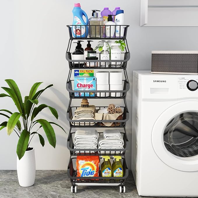 6 Tier Fruit Basket for Kitchen, Fruit and Vegetable Storage Cart Stackable Wire Baskets with Wheels Vegetable Produce Basket Potato Onion Storage Bins Rack for Kitchen Pantry