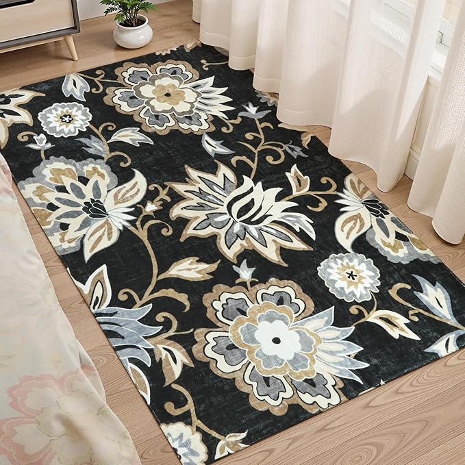 Lahome Floral Washable Living Room Area Rug - 3x5 Non-Slip Low-Pile Rugs for Entryway, Throw Small Stain Resistant Kitchen Rugs Soft Black Paisley Print Carpet for Office Bedroom Laundry Room Office