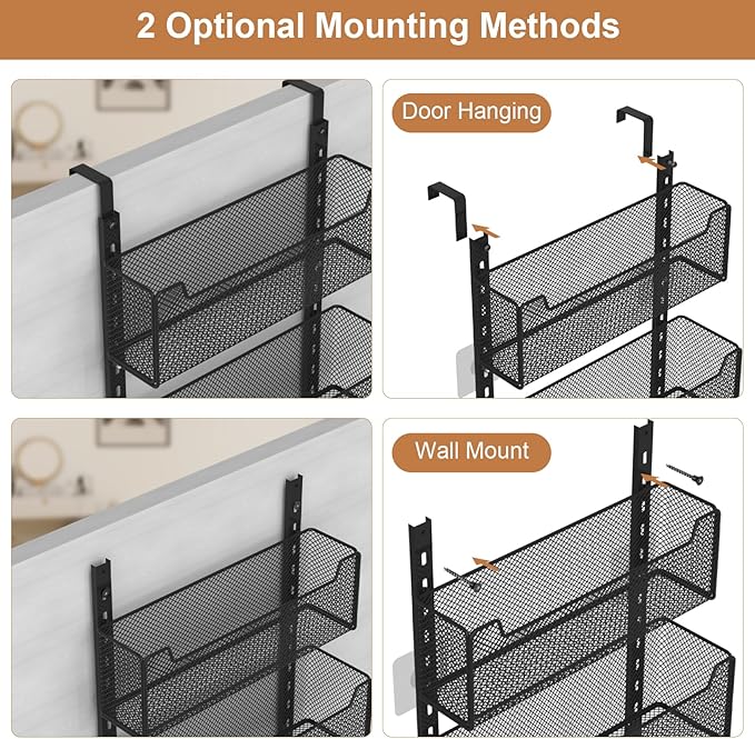 Over The Door Organizer, Metal Door Organizer Hanging with 5 Adjustable Baskets and Coat Hook, Behind The Door Storage for Bedroom Closet Bathroom Pantry Cabinet Kitchen, Black