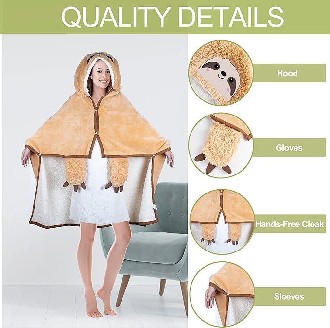 Sloth Wearable Hooded Blanket for Adults – Super Soft Warm Cozy Plush Flannel Fleece Throw & Sherpa Hoodie Cloak Wrap - Sloth Gifts for Women Adults Girls and Kids