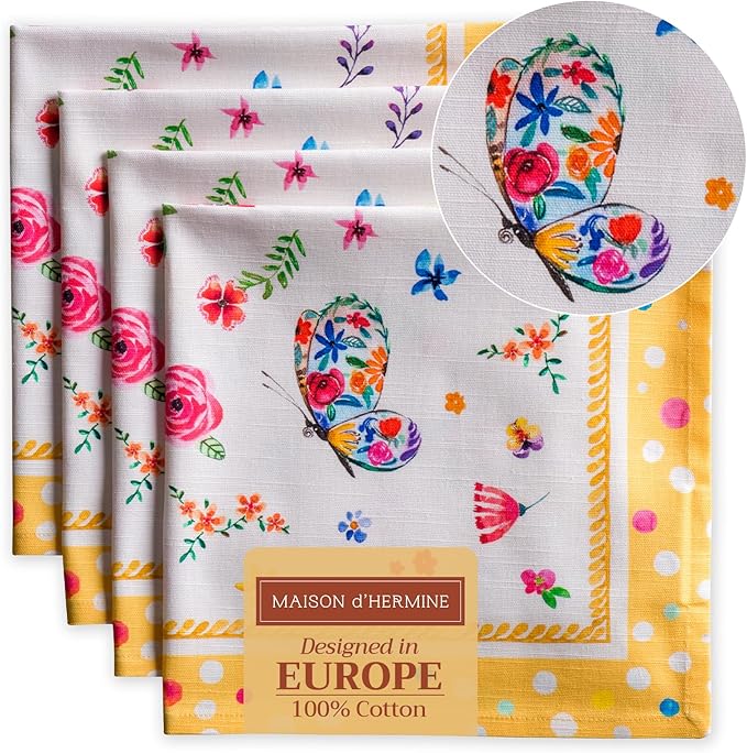 Maison d' Hermine Cloth Napkins Set of 4 100% Cotton Everyday Reusable Square Napkins Cloth Washable, Dinner, Party, Wedding, Restaurant, Spring/Summer (Happy Florals - Sweety, 20" x 20")