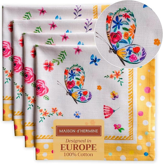 Maison d' Hermine Cloth Napkins Set of 4 100% Cotton Everyday Reusable Square Napkins Cloth Washable, Dinner, Party, Wedding, Restaurant, Spring/Summer (Happy Florals - Sweety, 20" x 20")