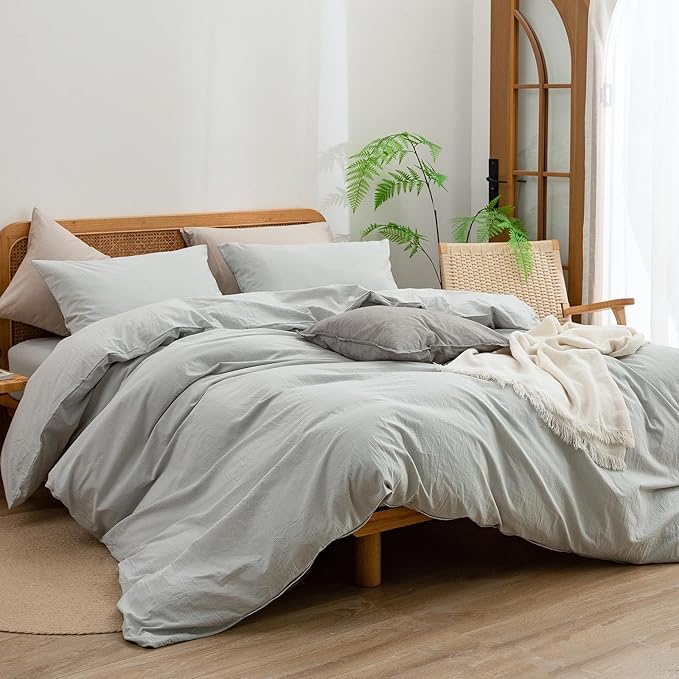 BESTOUCH Duvet Cover Set 100% Washed Cotton Linen Feel Super Soft Comfortable Chic Lightweight 3 PCs Home Bedding Set Solid Northern Droplet Grey Oversized Queen