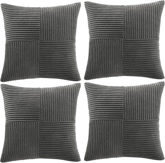 Fancy Homi 4 Packs Dark Gray Decorative Throw Pillow Covers 18x18 Inch for Living Room Couch Sofa, Rustic Farmhouse Boho Home Decor, Soft Cross Corduroy Patchwork Textured Square Cushion Case 45x45 cm