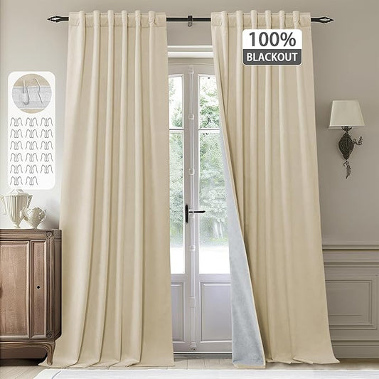 StangH 100% Blackout Beige Curtains Soft Thick Velvet Nursery Bedroom Window Curtains White Liner Thermal Insulated Drapes Hook Belt for Track System Room Dividers, W52 x L84, 2 Panels