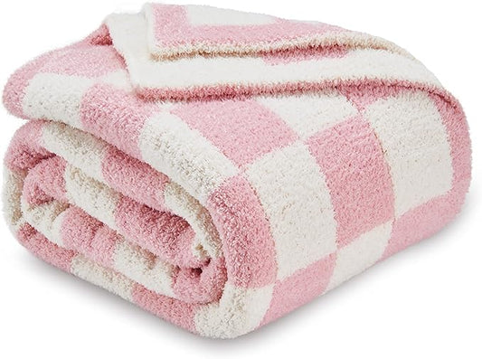 CozeCube Checkered Blanket, Ultra Soft Cozy Pink and White Throw Blanket, Warm Cozy Knit Fuzzy Plush Checkerboard Throw for Couch Bed Sofa, 50"x60"
