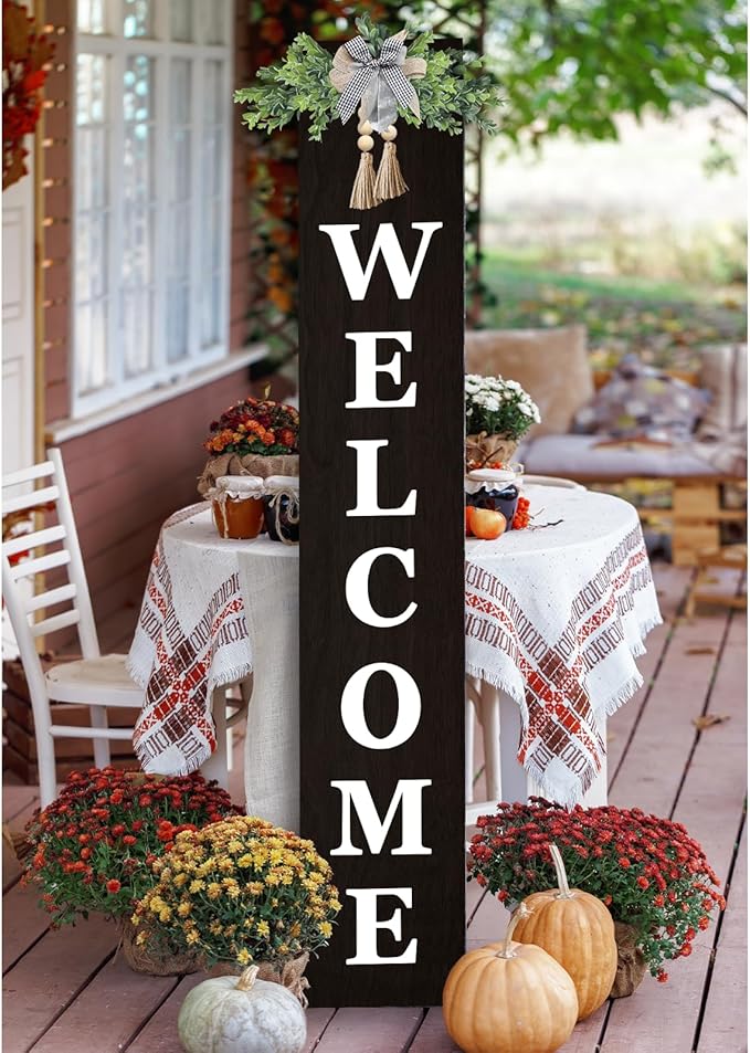 Outdoor Welcome Sign for Front Door Standing 47"X8" Large Farmhouse Wood Framed Tall Leaner Vertical Decor Rustic Home Outside Welcome Sign for Front Porch Decoration (Black)
