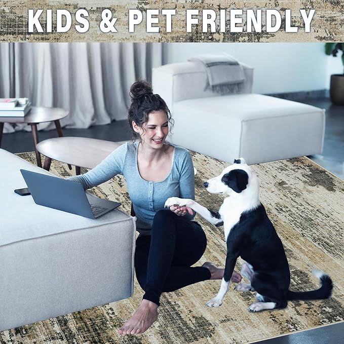 Area Rugs 9x12 Living Room: Large Machine Washable Area Rug with Non Slip Backing Non Shedding Abstract Stain Resistant Carpet for Bedroom Dining Room Nursery Home Office - Beige/Brown