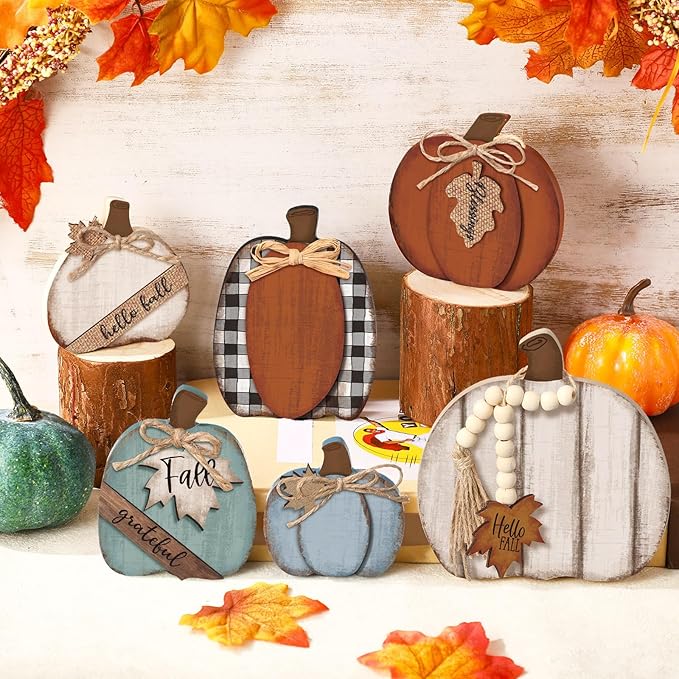 6 Pcs Fall Decorations Modern Rustic Pumpkin Wooden Sign Autumn Farmhouse Pumpkin Block Table Centerpiece Grateful Blessing Tiered Tray Decor for Fall Thanksgiving Home Office Desk Decor