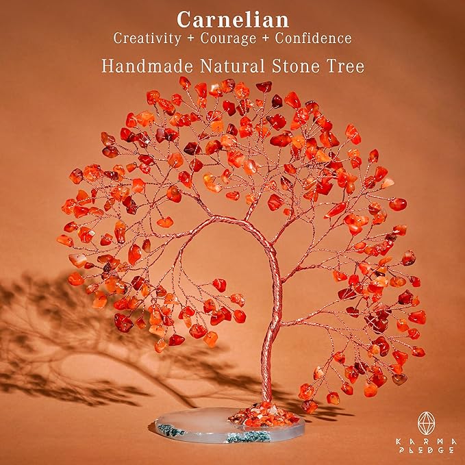 Carnelian Healing Crystal Tree of Life for Home and Office Decor, Positive Energy, Wealth, Good Luck, Reiki Healing Crystals and Stones, Handmade Feng Shui Decoration, Birthday Gifts for Women, Mom