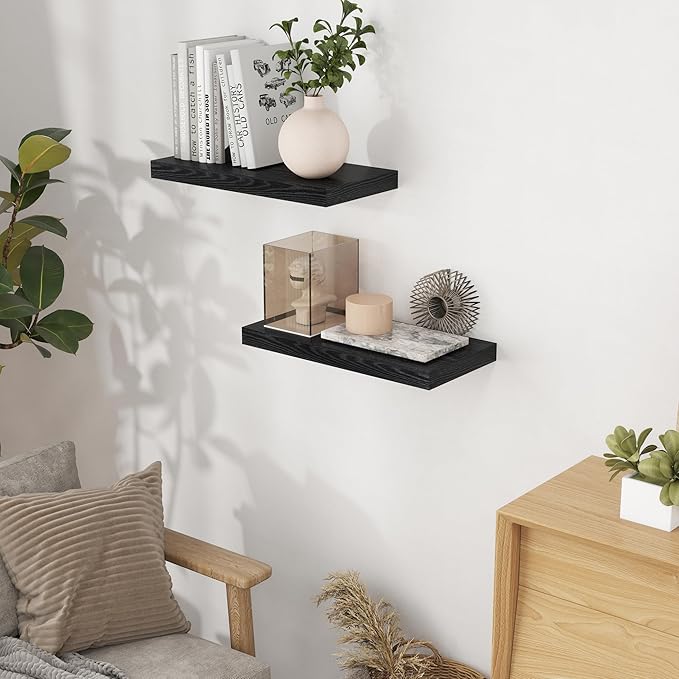 Black Floating Shelves for Wall, 16 x 9.3 Wall Shelves Set of 2, Deep Bathroom Shelf with Invisible Bracket, Rustic Wood Floating Shelf for Bedroom, Living Room, Kitchen