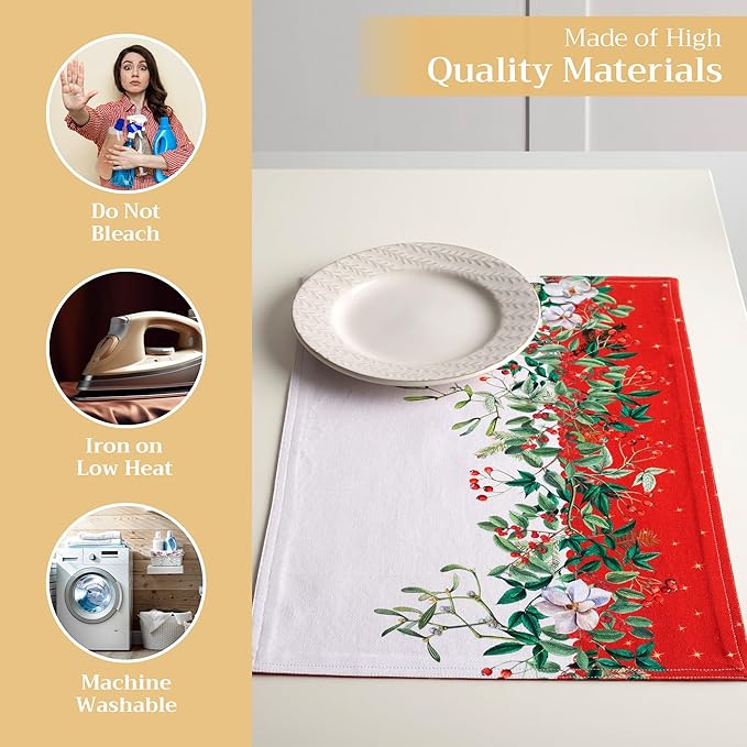 Maison d' Hermine Placemats Set of 4 100% Cotton Washable Cloth Place Mats, Reusable Table Mats for Kitchen Dining Decoration, Party, Wedding, Restaurant (Noel, 13" x 19")