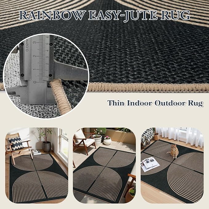 Lahome Modern Rainbow Easy Jute 4x6 Rug, Outdoor Patio Rug for Living Room Washable Black Carpet for Bedroom, Contemporary Non Slip Non Shedding Floor Carpet for Office Backyard