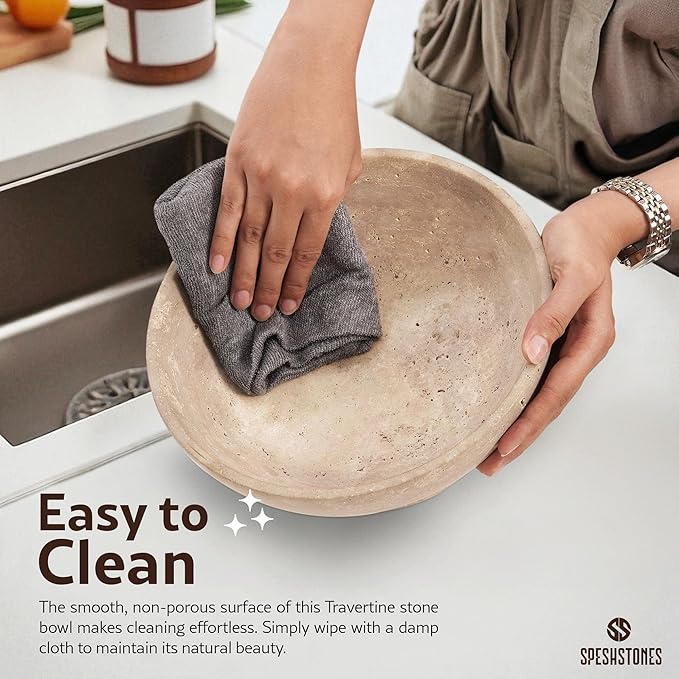 Marble Fruit Bowl 10 Inch Handmade Large Decorative Bowl for kitchen Counter - Modern Travertine Serving Dish for Fruits & Snacks - Pedestal Bowls for Dining Room & Coffee Table Decor