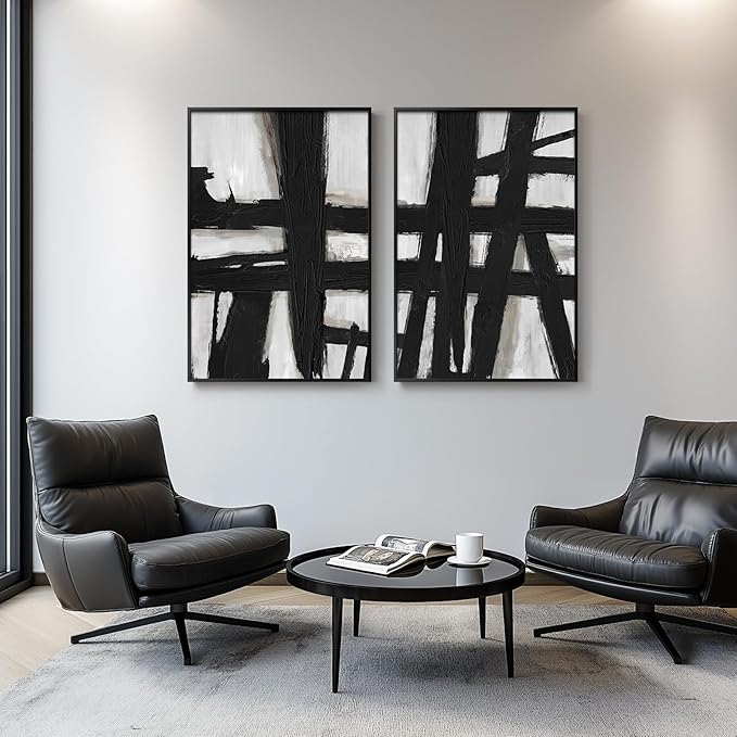 Large Framed Black and White Abstract Wall Art, 2 Piece Modern Canvas Prints Paintings Artwork for Walls, Minimalist Black Lines Pictures for Living Room Hallway Bedroom Office Wall Decor