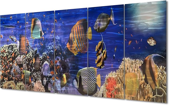 Yihui Arts Cosatal Metal Wall Art, Large Nautical Metal Wall Art in Modern Ocean Design, 3D Outdoor Pictures Wall Decor, 5 Panels, Metal School of Fish Art