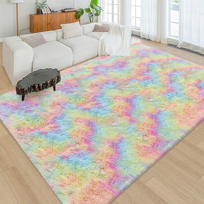 Fluffy Rainbow Colorful Area Rug for Living Room 6x9 Kawaii Tie Dye Rug Fuzzy Indoor Floor Unicorn Rug for Bedroom Girls Kids Nursery Baby Princess Room Dorm Home Decor Aesthetic Carpets