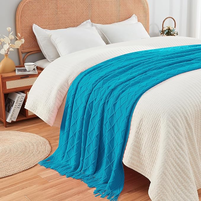 inhand Teal Throw Blanket for Couch and Bed, Soft Living Room Home Decor Knitted Twin Size Blanket, Outdoor Lightweight Breathable Summer Blanket, Farmhouse Warm Woven Decorative, 60"x80"