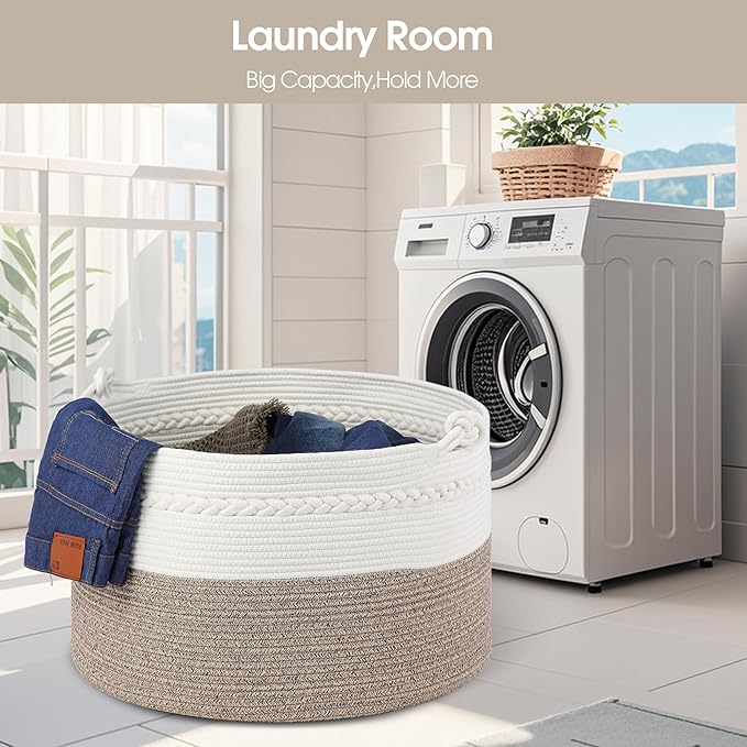 Laundry Basket,20''x13''Woven Cotton Rope Laundry Hamper,Blanket Basket for Living Room;Toy storage;Woven basket;Nursery Storage Bin,Nursery hamper,Boho Room Decor (White+Brown)