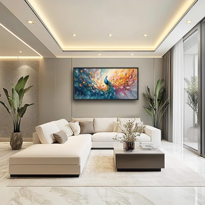 Flintis Large Colorful Peacock Framed Wall Art Peacock Feathers Pictures Wall Decor Abstract Animal Canvas Painting Print Artworks Decor Framed for Living Room Bathroom Master Bedroom 60L X 30W