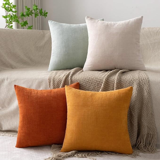 Set of 4 Soft Textured Decorative Throw Pillow Covers 16x16 Inch Cozy Farmhouse Cushion Cover Square Accent Pillow Cases for Bed Couch Sofa Living Room, Beige Aqua Burnt Orange