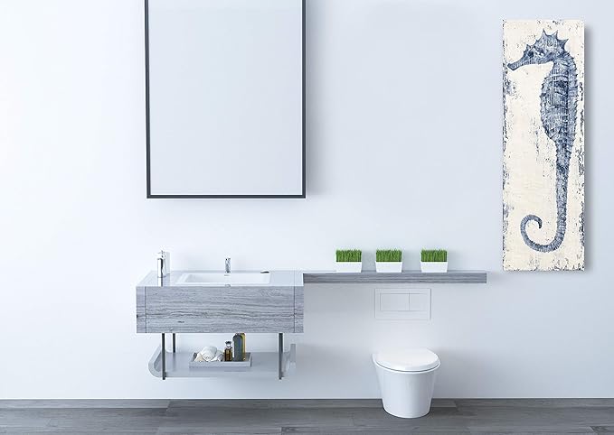 Yihui Arts, Seahorse Hand-Painted Wall Art on Canvas Abstract Artwork Art Wood Stretched Hanging Wall Decoration Sea Style Blue Painting for Home Decor