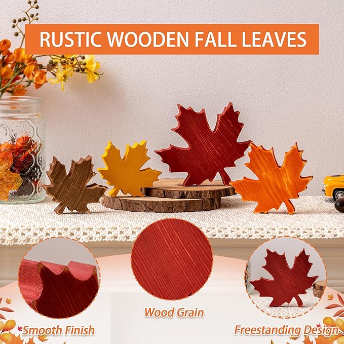 4PCS Fall Wooden Leaves Decor Wood Maple Leaf Sign Thanksgiving Table Decor Gift for Autumn Farmhouse Rustic Centerpieces Tabletop Tiered Tray Shelf Props Vintage Harvest Home Indoor Decorations