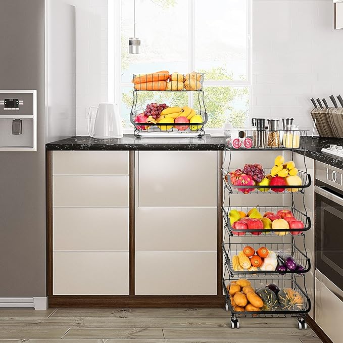 Fruit Vegetable Storage Basket, 5 Tier Stackable Metal Wire Storage Baskets with Wheels, Fruit Vegetable Produce Basket Organizer Bins for Kitchen, Pantry, Bathroom