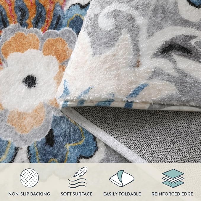 Lahome Floral Washable Carpet for Living Room - 3x5 Non-Slip Lightweight Kitchen Rugs, Throw Soft Small Area Rug for Bedroom Grey Paisley Print Aesthetic Rug for Entryway Bathroom Laundry Room Office