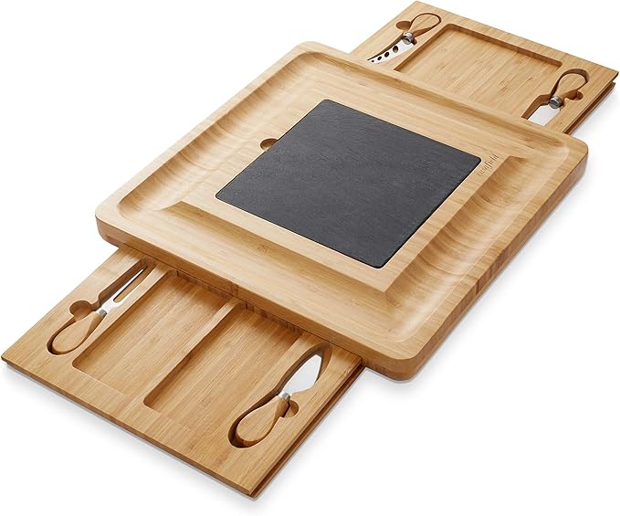 Casafield Charcuterie Board Gift Set, Bamboo Cheese Board with Slate Cheese Plate and Knives, Wooden Serving Platter for Housewarming, Wedding, Birthday
