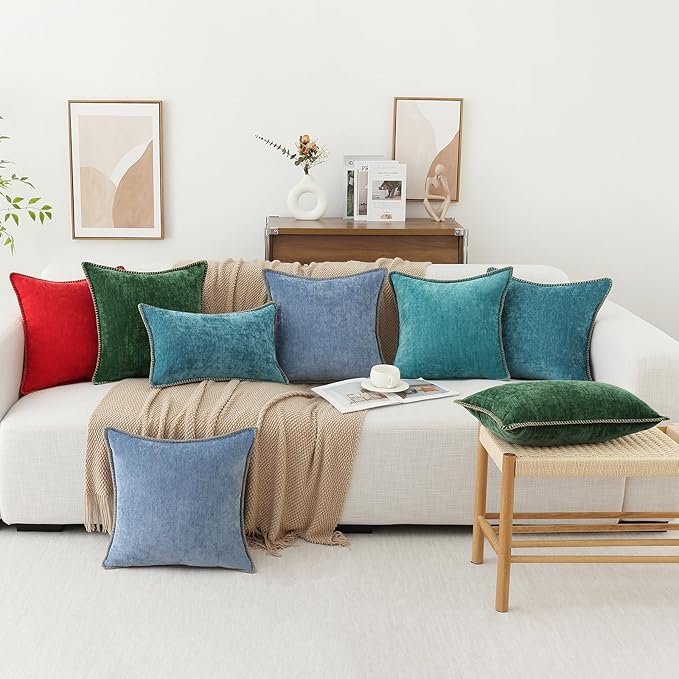 decorUhome Chenille Soft Throw Pillow Covers 22x22 Set of 2, Farmhouse Velvet Neutral Decorative Euro Pillow Covers with Stitched Edge for Couch Sofa Bed Home Decor, Blue