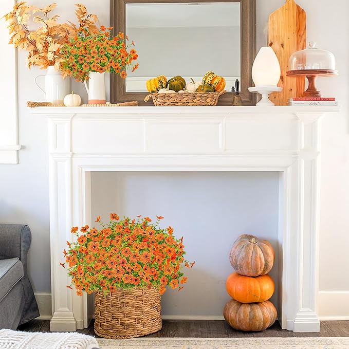 Agusbagli 72 Bundles Artificial Fall Flowers Outdoor UV Resistant Fake Autumn Boxwood Plants No Fade Faux Fall Flowers Arrangements for Outdoor Home Porch Garden Thanksgiving Fall Decor, Orange