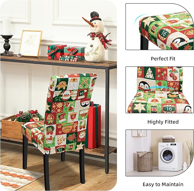 Christmas Chair Covers for Dining Chairs, Dining Room Chair Covers Set of 6, Stretch Parsons Chair Slipcovers, Removable Washable kitchen Chair Cover for Home Hotel Banquet Holiday Decoration