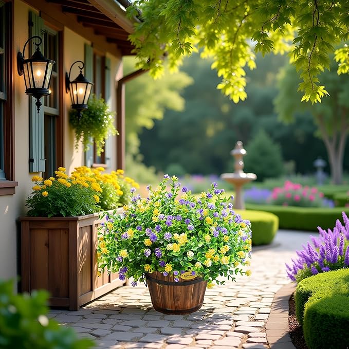 LADADA 12 Bundles Outdoor Plant Flowers, Silk UV Resistant, Outdoor Porch, Home Courtyard, Garden Decoration（Yellow Purple）