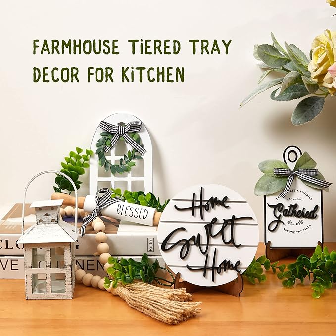 Houmury Set of 16 Farmhouse Tiered Tray Decor with 1 Lantern Artificial Plant& Cutting Board Sign for Rustic Home Kitchen Decor Tier Tray Decor Set (Tiered Tray Not Included)