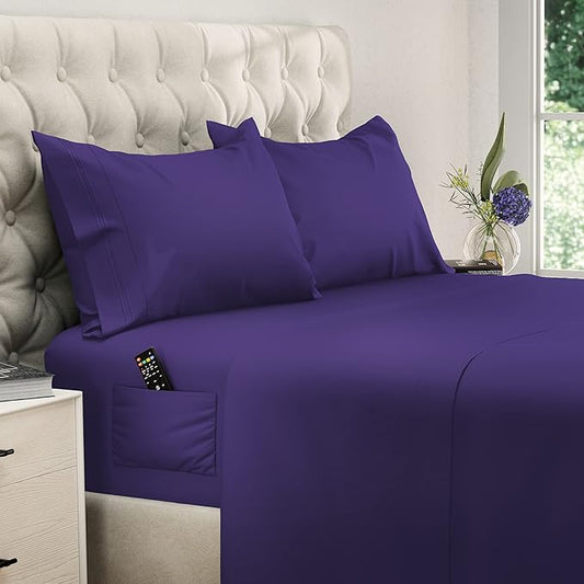 DREAMCARE Twin XL Sheet Set - Cooling Bed Sheets - 4pc Set - up to 15" Deep Pocket - Soft & Long Lasting 100% Fine Brushed Polyester with Side Pocket - Purple