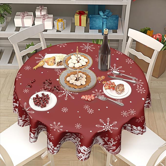 Merry Christmas Tablecloth 60 Inch Round Red Christmas Floral Table Cloth Round Cover Christmas Snowflake Snowy Xmas Table Cloth Winter Farmhouse Decorative for Holiday Home Kitchen Dining Party