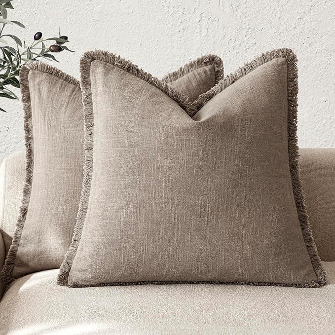 Foindtower Set of 2 Decorative Linen Fringe Throw Pillow Covers Boho Farmhouse Cushion Cover with Tassels Soft Accent Pillowcase for Couch Chair Sofa Bed Living Room Home Decor,24×24 Inch,Brown Tan