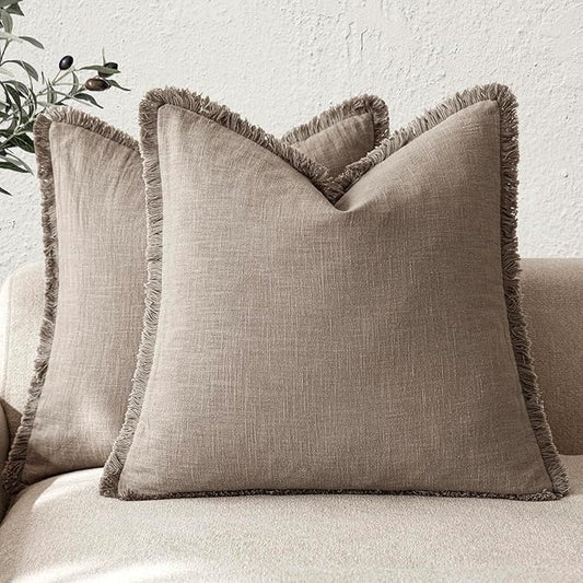 Foindtower Set of 2 Decorative Linen Fringe Throw Pillow Covers Boho Farmhouse Cushion Cover with Tassels Soft Accent Pillowcase for Couch Chair Sofa Bed Living Room Home Decor,24×24 Inch,Brown Tan