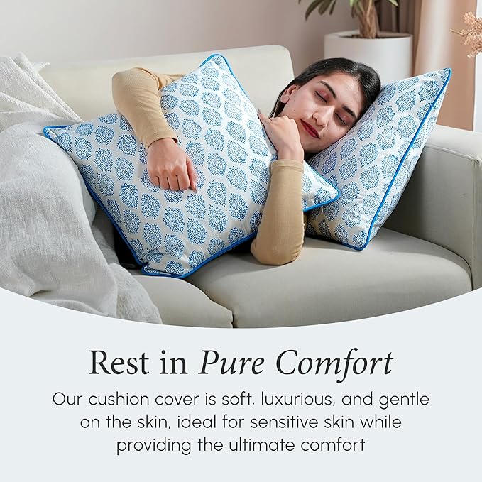 CPC 100% Cotton Throw Pillow Covers 18x18 Inch, Set of 2 Green Block Print Pattern Couch Pillow, Cute Boho Decorative Pillows for Living Room, Bedroom with Hidden Zipper- Royal Blue